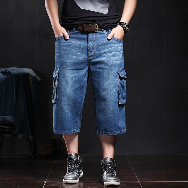

men's casual shorts jeans summer new large pocket denim cropped pants solid color leisure loose pants large size jeans male, Blue