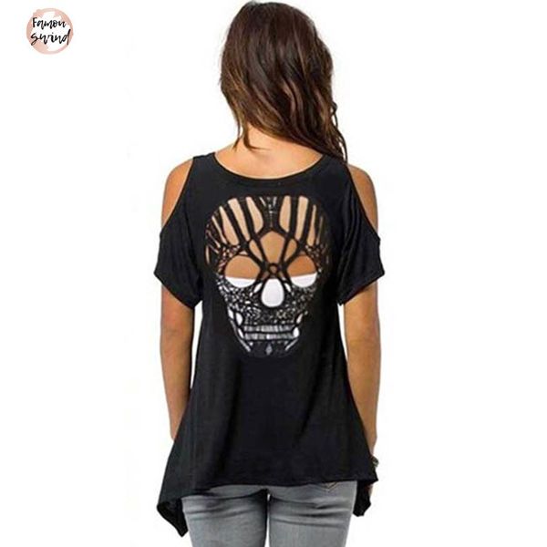 

2019 новая футболка холодная женщина способа одежды плечо короткие рукава cut hollow черепа backless вскользь перевозка груза падения, White