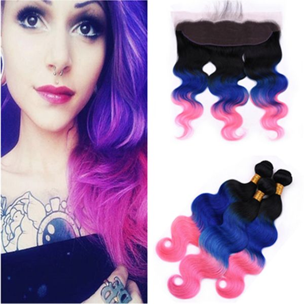 2019 1b Blue Pink Ombre Peruvian Human Hair 3bundles With Frontal