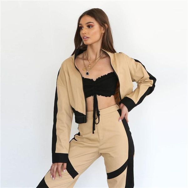 

patchwork womens jacket fashion contrast color zipper fly coat street styles long sleeve donna clothes designer, Black;brown
