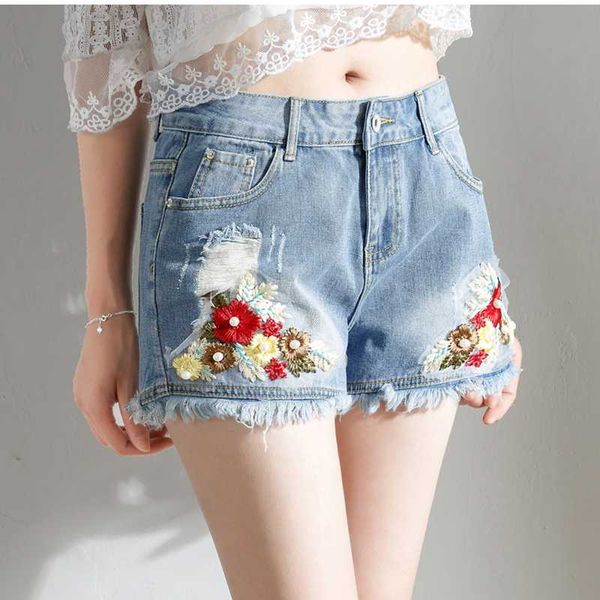 

frayed embroidery floral ripped summer high waist slim light blue short jeans 2020 new fashion women denim shorts hf112 s, White;black