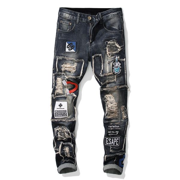 

men's patchwork ripped embroidered stretch jeans trendy holes patches design slim straight denim pants denim trousers jeans pant, Blue