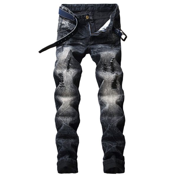 

cross border for selling foreign trade jeans men's with holes europe and america retro slim fit straight-cut men, Blue