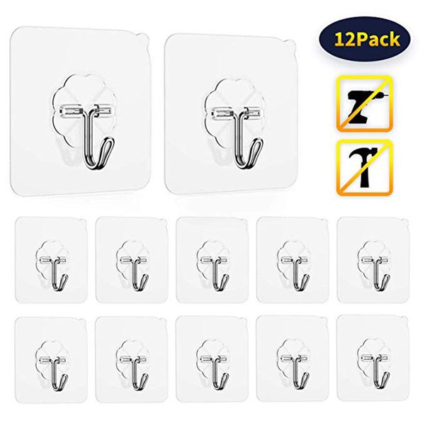 

12pcs strong seamless hook waterproof transparent wall sticker hanger glue hook storage rack punching bathroom kitchen tool