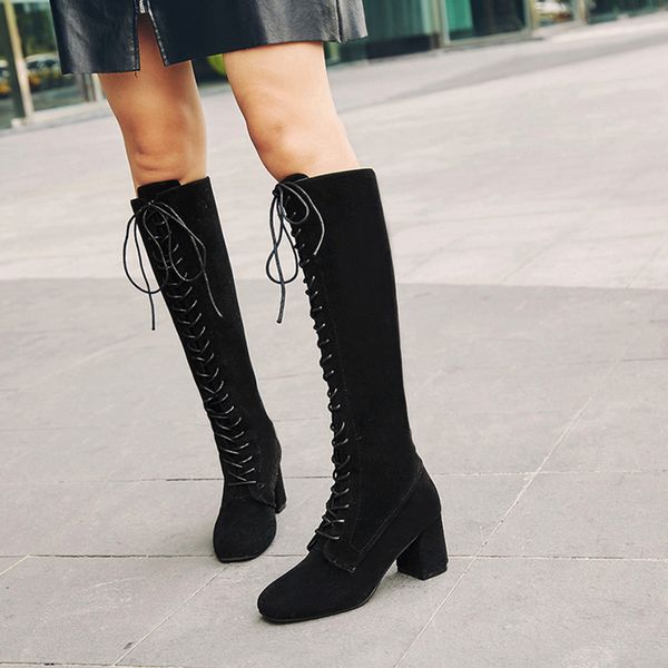 

fashion warm snow boots female winter women straps slim lace-up high shoes over the knee boots high heels shoes, Black