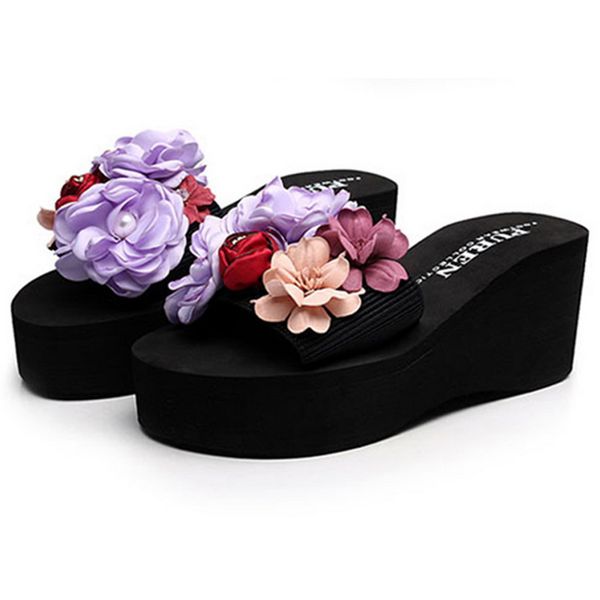 

litthing handmade summer fashion women's flower clip toe flip flops non-slip wedges beach slippers women's shoes, Black