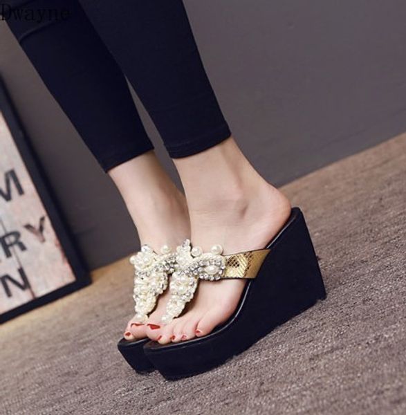 

2020 new korean fashion beaded rhinestone wedge heel slip toe flip-flops female, Black