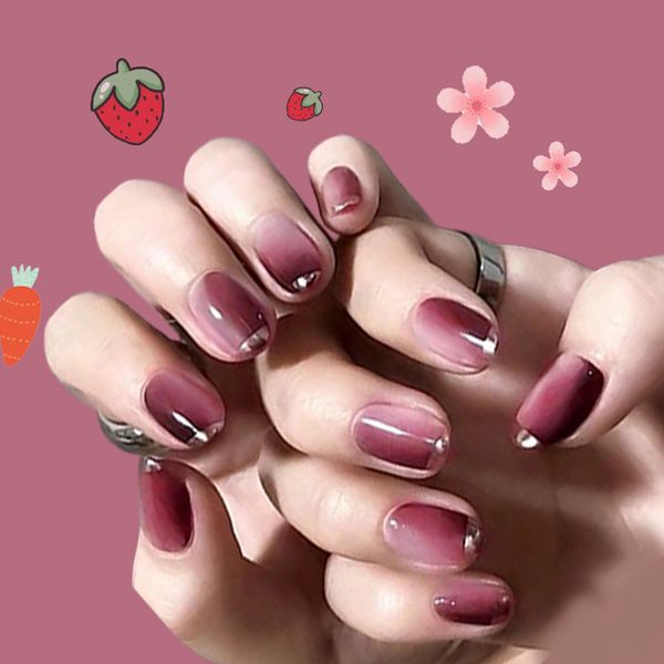 

false nails 24pcs round head silver edge wearable fake gradient color short style girl fashion manicure stickers tn, Red;gold