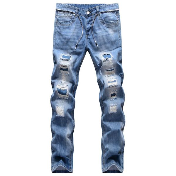 

jeans men hole vintage bleached patchwork washed denim scratched straight cowboy jeans male tide, Blue