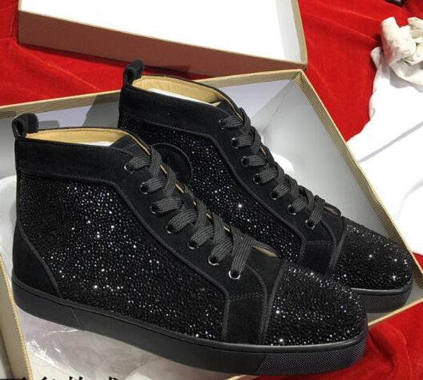 

luxury designer mens red bottom sneakers slip-on roller boat mens women suede spike crystal leather shoes kanye platform star sport sneaker5, Black