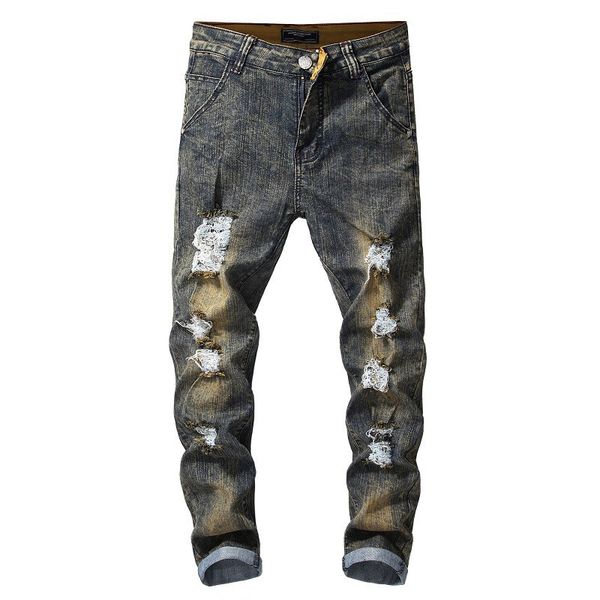 

2019 new nostalgic men's trousers retro personality hole slim waist jeans men's feet pants more size 29-34 36 38, Blue