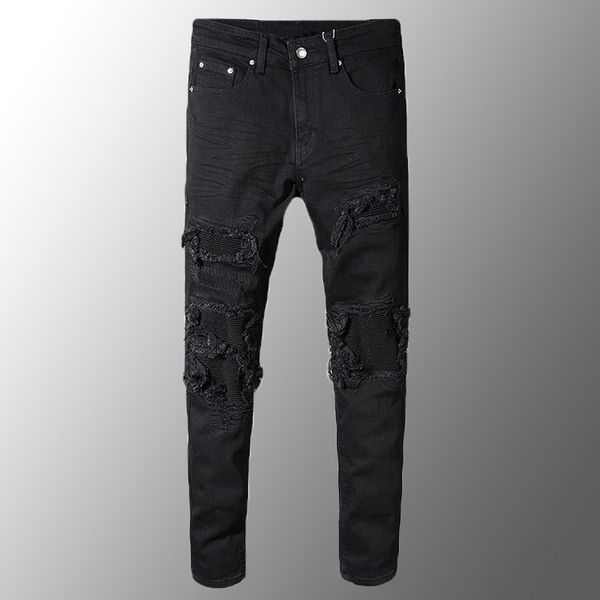 

men luxury men's black patchwork stretch denim biker jeans for motorcycle slim fit skinny ripped pencil pants, Blue