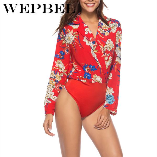 

wepbel women long sleeve triangle bodysuit spring autumn floral printing playsuit leotard deep v-neck jumpsuit, Black;white