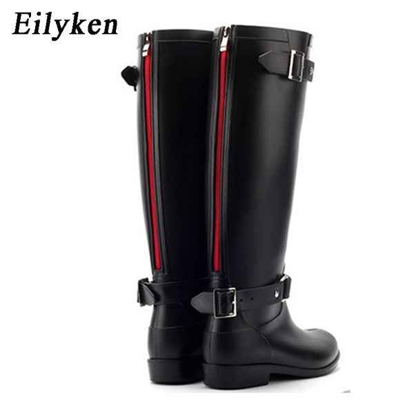 

eilyken punk style zipper tall boots women's pure color rain boots outdoor rubber water shoes for female 36-41 plus size, Black