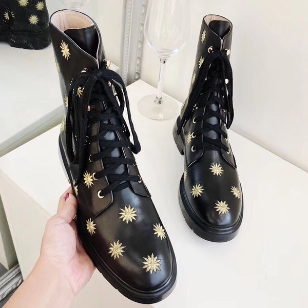 

new style black star women ankle boots genuine leather lace-up q55
