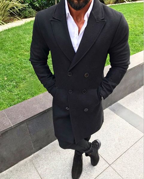

mens long coats tide fashion men winter warm blends coat lapel outwear overcoat long jacket peacoat, Black