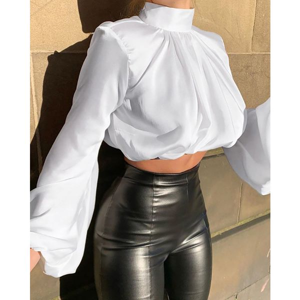 

women summer short highneck lantern sleeve casual blouse, White