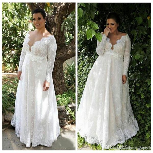 

plus size long sleeve beach lace a line wedding dresses bridal gowns 2019 v neck country wedding dresses vestidos de novia, White