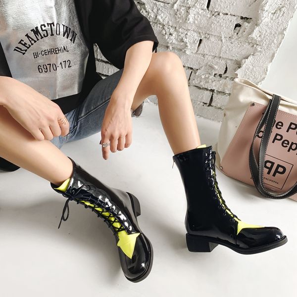 

2019 new plus big size 34-48 blue yellow lace up zipper fashion mid heel autumn winter girl females lady women boots x1858, Black