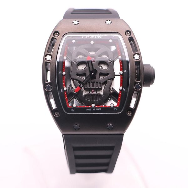 

мода и уникальный boyuheng кварцевая батарея арабские цифры маркер мужские часы черный череп часы 43 мм прозрачный тонно циферблат наручные, Slivery;brown