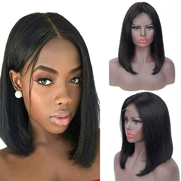 

150% density 4x4 peruvian bob human hair lace wigs nature color straight lace frontal wig peruvian straight hair bob straight hair wig, Black;brown