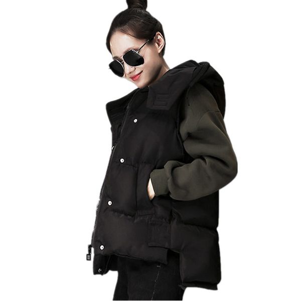 

down cotton vest female loose autumn winter warm waistcoat women vest thick sleeveless hooded pocket black outerwear q1909, Black;white