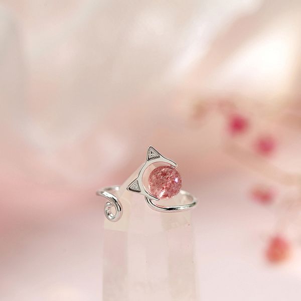 

girls heart cat strawberry crystal ring girls day south korean cat series ins index finger ring opening net red small fresh ornament, Golden;silver