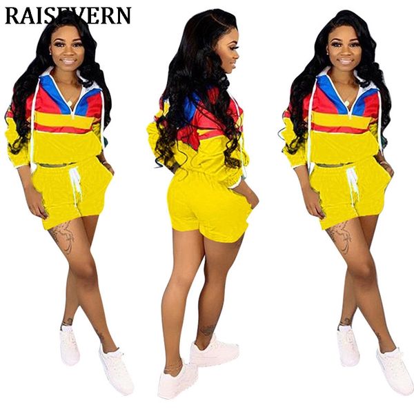 

2019 women zip up neck long sleeve hoodies shorts suits two pieces set patchwork streetwear sporting tracksuit outfit plus size, White