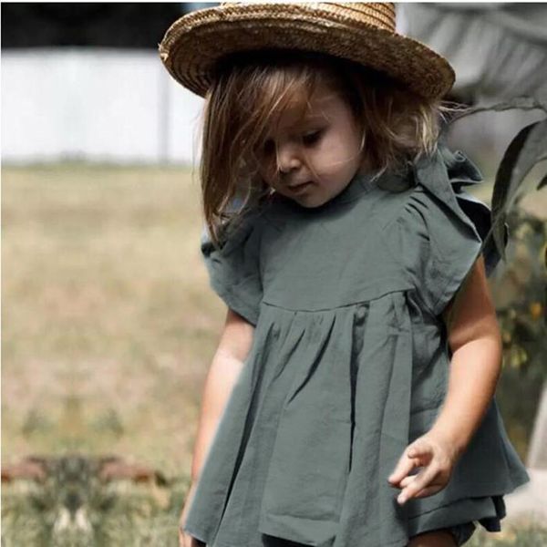 

girl cotton linen set summer pure color baby cool sleeve t-shirt pp shorts 2pcs set wholesalebaby kid summer clothes, White
