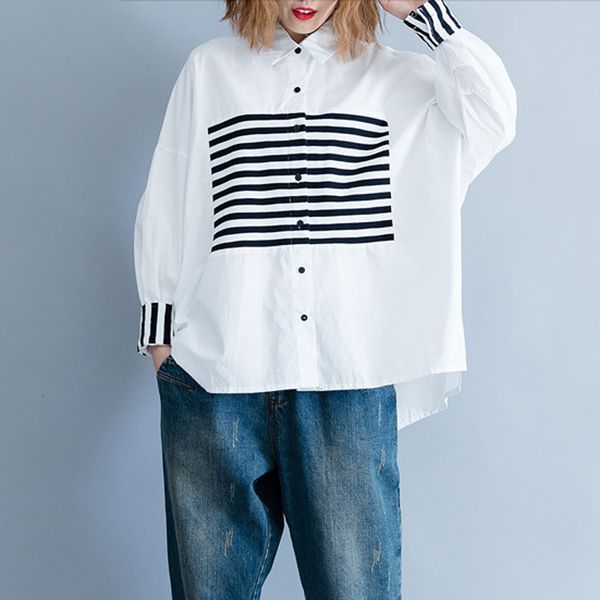 

woman women blouses women blouse shirt female basic clothes print striped patchwork casual loose plus size cardigan autumn, White