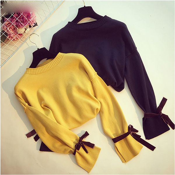 

woman sweaters designer sweater women sweet sweater women o neck bow 100% cotton tie sweater side pullover female spring knitted loose, White;black