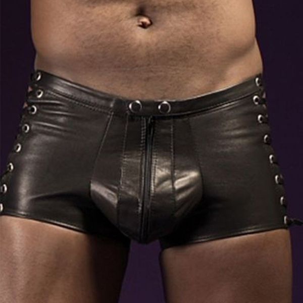 

faux leather mens boxers shorts exotic apparel hollow out strappy underwear lingerie black wetlook short pants h6624, Black;white