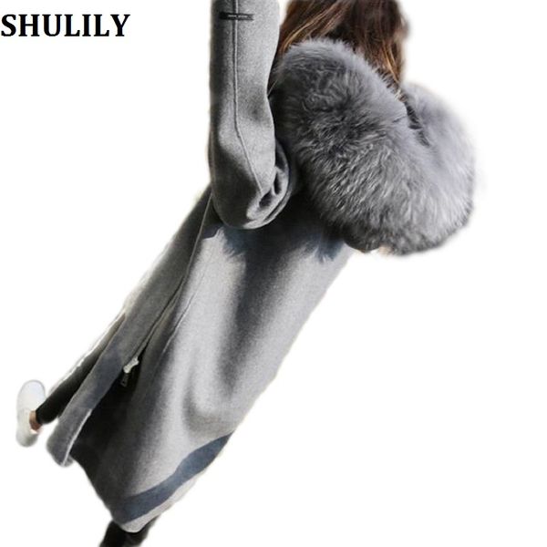 

2017 casual loose long winter coat women elegant thick warm wool coat women fashion large fur collars overcoat jacket plus size, Black