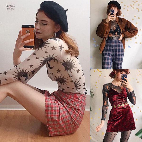 

женщины t shirt вс дамы печатный смотрите прозрачный mesh crop tops черных белые длинные рукава sheer тонких луны вокруг шея, White