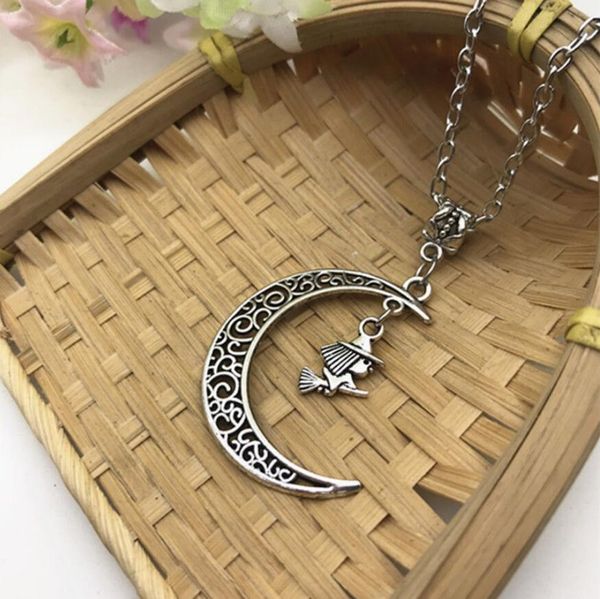 

ancient silver flying witch in moon charm pendant necklace 45cm cross chain designer necklace couple good luck jewelry valentine's day