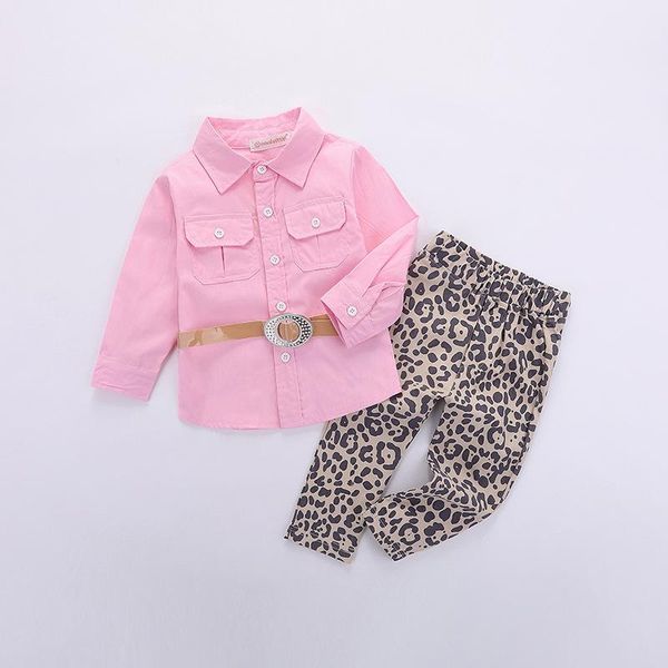 

spring autumn fashion kids baby girls pink shirts +leopard print pants + belt 3pcs outfits children girls set, White