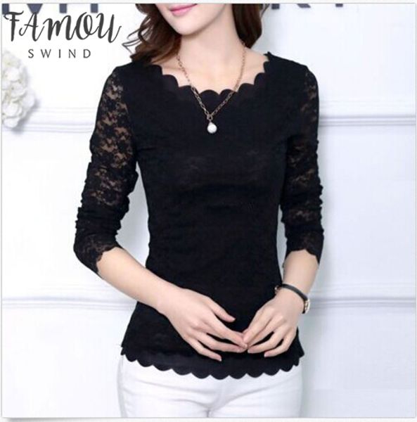 

fashion women long sleeve casual lace blouse loose lace cotton slim simple pure color, White