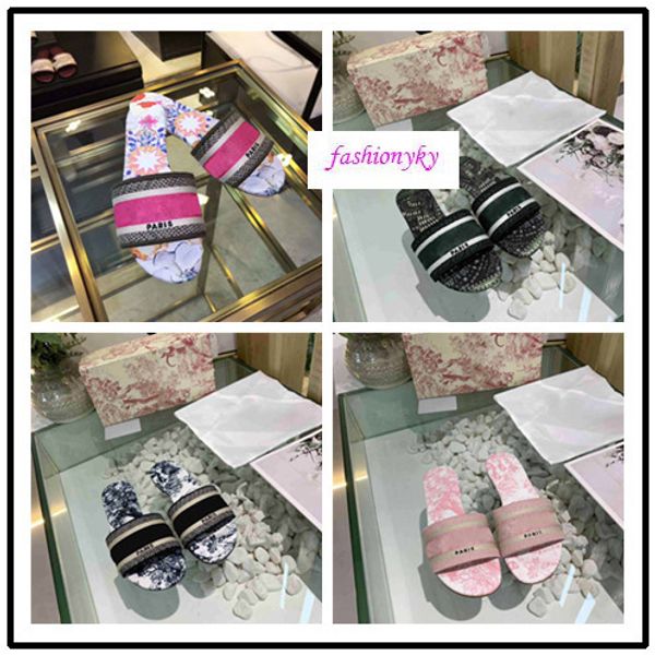 

with boxnew dazzle flowers women designer slippers flat bottom embroidery sandal floral brocade slipper striped beach causal sandals, Black