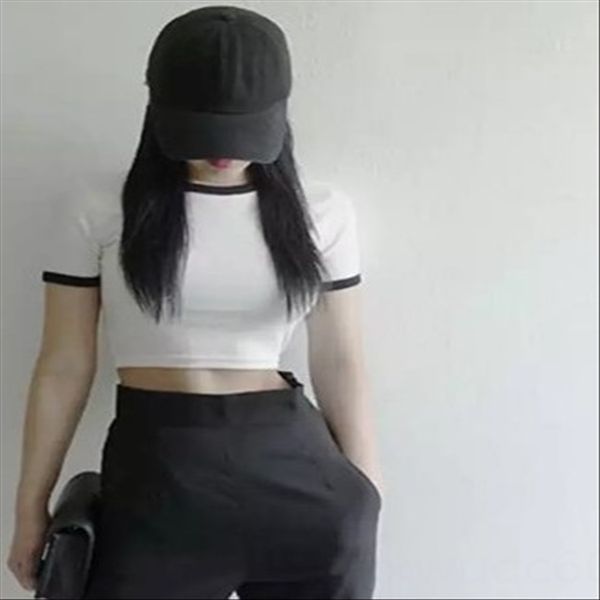 

2019 high wais conras color mulifuncional slim contrast color versatile slim high waist navel short personality, White