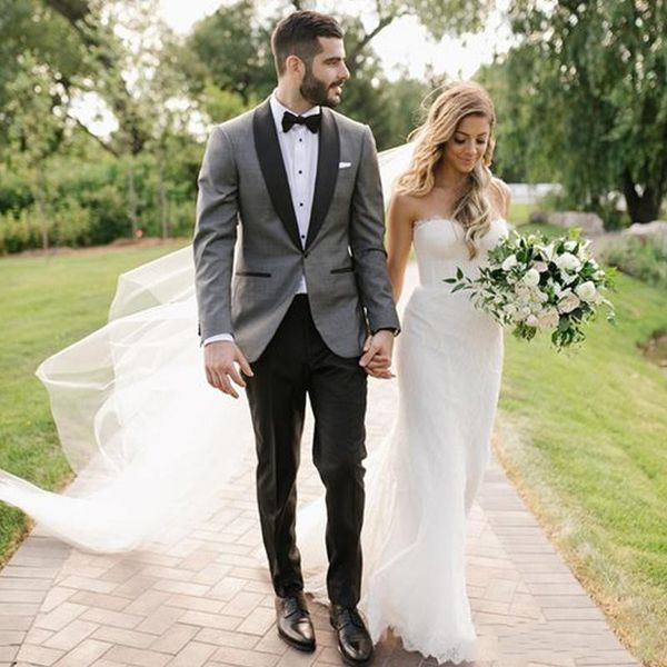 

fashion grey groom tuxedos excellent black shawl lapel slim fit groomsmen blazer men formal suit party prom suit(jacket+pants+tie) 1295, Black;gray
