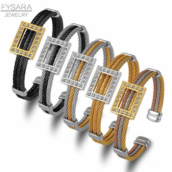 

fysara multirope cuff bracelets stainless steel cable wire bracelets with square crystals bangles lover jewelry open pulseiras, White