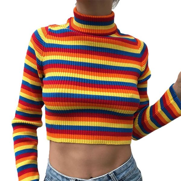 

autumn winter women sweet jumper striped round neck turtleneck slim crop pullover top, White;black