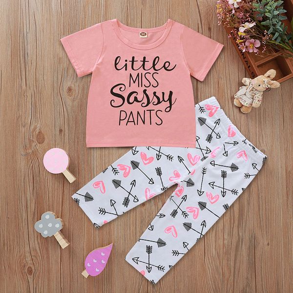 

toddler kid baby girls clothes new 2020 springs summer clothes short sleeve letter print + long pants outfit set, White