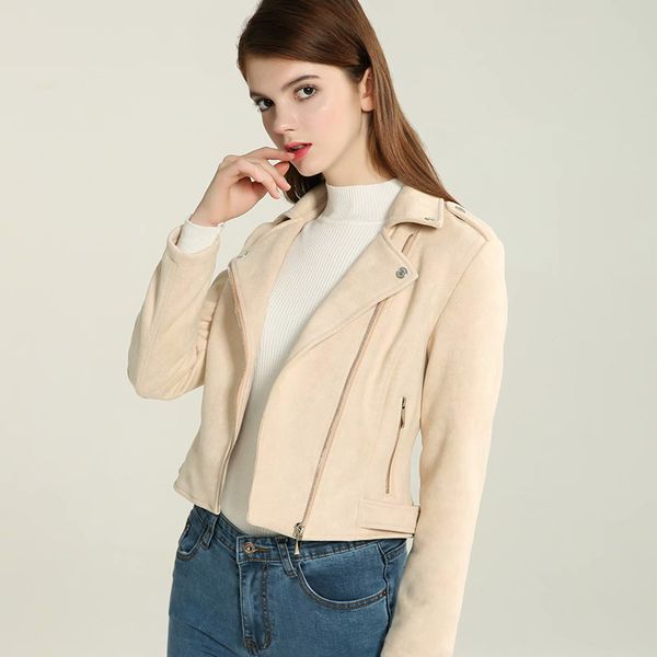 

klacwaya 2019 autumn women faux suede leather biker jackets long sleeve zipper suede coat streetwear autumn outfit, Black