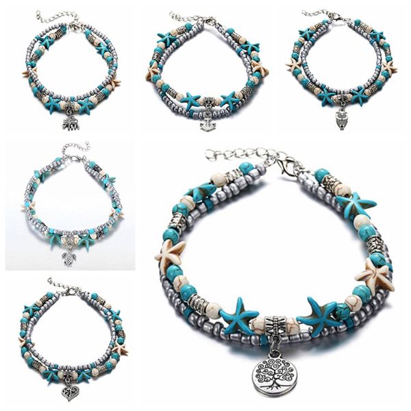 

7 styles summer beach turtle shaped charm rope string anklets for women ankle bracelet woman sandals on the leg chain foot jewelry, Red;blue