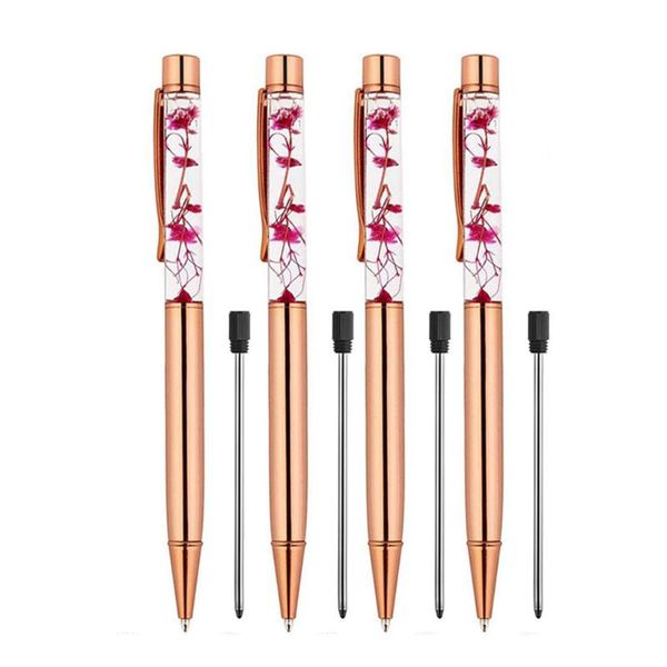 

rose gold ballpoint pen,4 pieces metal ball pens dynamic liquid flower pen black 24bb, Blue;orange
