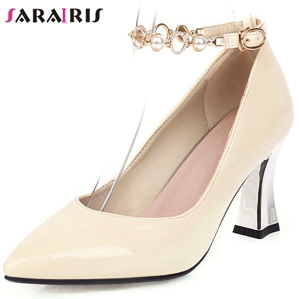 

sarairis lady female ankle strap crystal pearl pointed toe pumps casual party wedding high heels pumps women spring shoes woman, Black