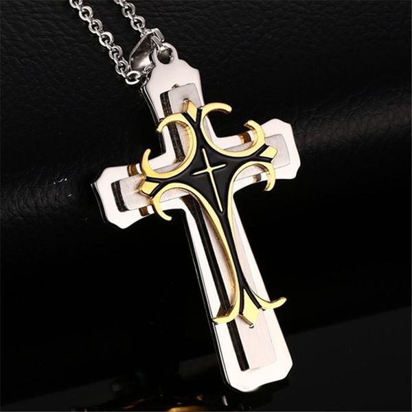 

hip hop rock titanium steel cross pendant necklace for men jewerly drop shipping gold black color cx08, Silver