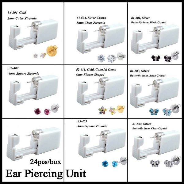 

24pcs/box disposable no pain sterile ear piercing unit kit stud earring jewelry cartilage tragus helix piercing ear gun tool j190628, Golden;silver