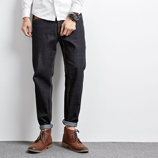 

2019 spring and autumn harajuku jeans male primary color straight tube loose small feet japanese retro harlan pants mw301, Blue